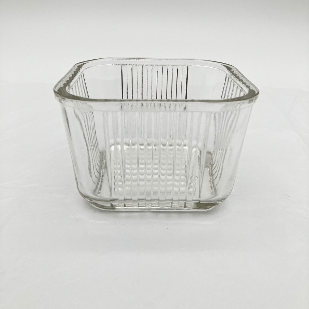 Vintage Clear Ribbed Glass Refrigerator Dish 4.5in Square Kitchen Storage